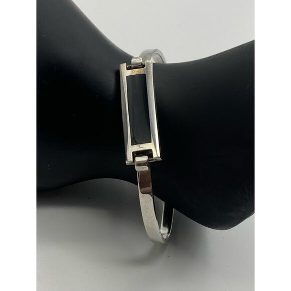 Sterling Silver Bangle Inlaid Onyx Sterling‎ Silver Bangle - Picture 1 of 4